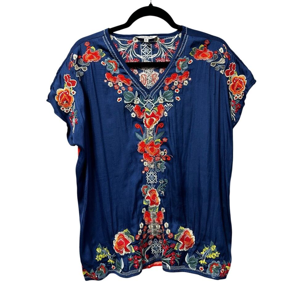 John Mark Navy Multicolor Floral Embroidered Short Sleeve Tunic Top Womens XL